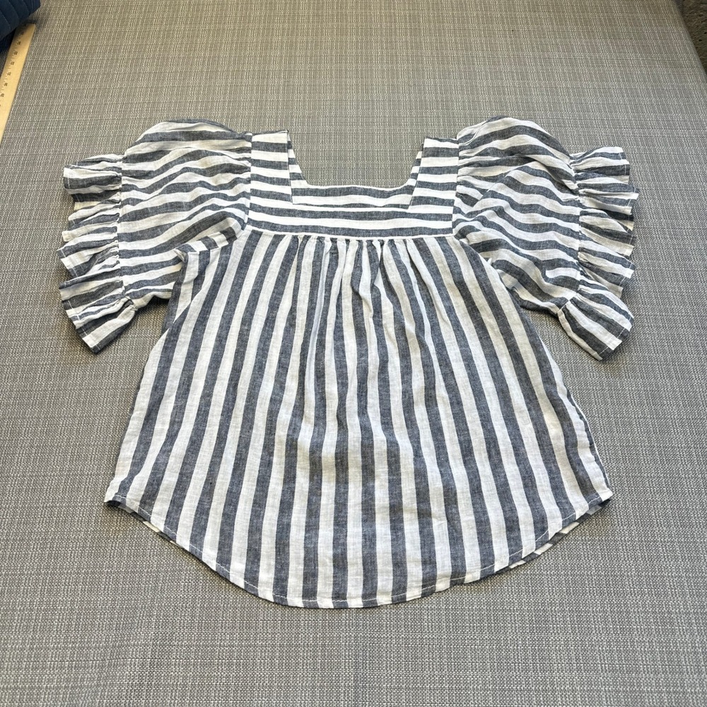 Coastal Linen Blend Top‎ Womens Small Puff Sleave Square Neck Peasant Boho